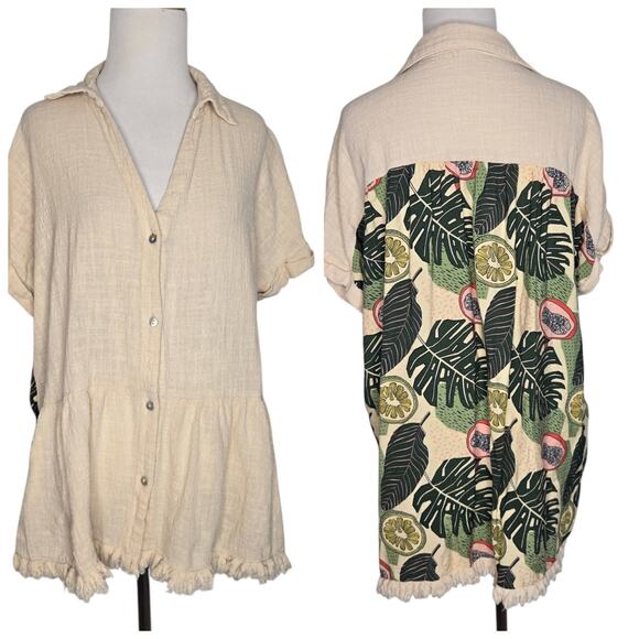 Umgee Tops - Umgee+ Women Lagenlook Cotton Tunic Coastal Lightweight Fruit Print Tropical XL